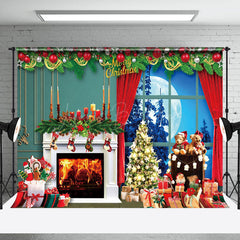 Lofaris Green Wall Fireplace Moon Window Christmas Backdrop