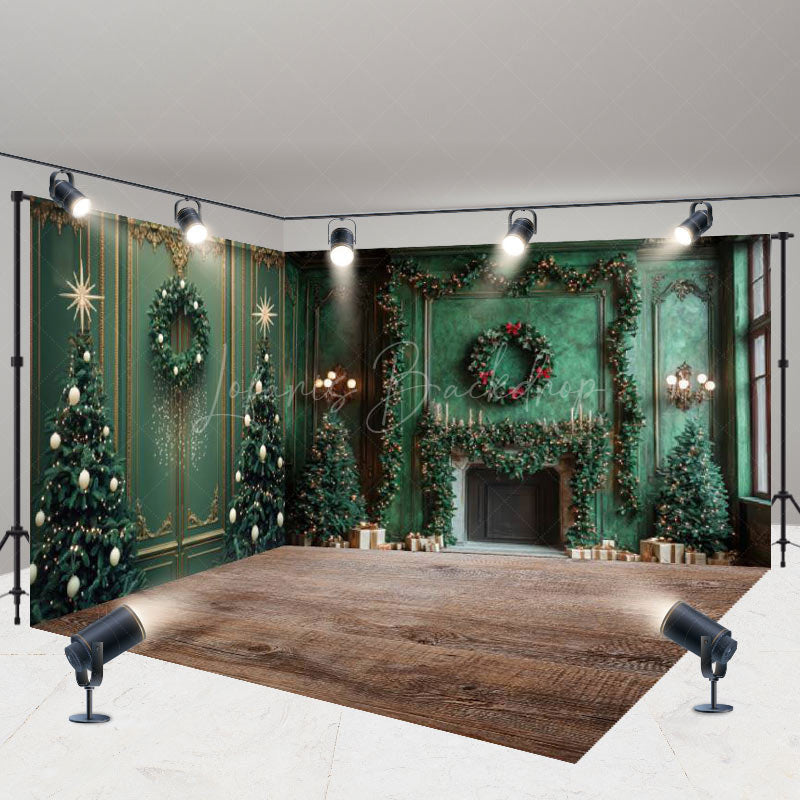 Lofaris Green Wall Tree Fireplace Christmas Room Set Backdrop