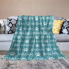 Lofaris Green White Cute Paw Print Custom Name Pet Blanket