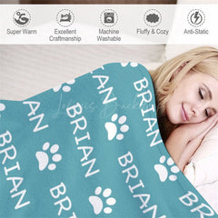 Lofaris Green White Cute Paw Print Custom Name Pet Blanket