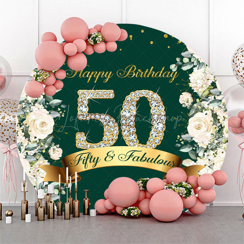 Lofaris Green White Floral 50th Birthday Round Backdrop