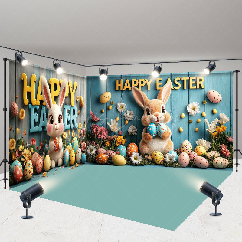 Lofaris Green Wood Wall Bunny Eggs Easter Room Set Backdrop