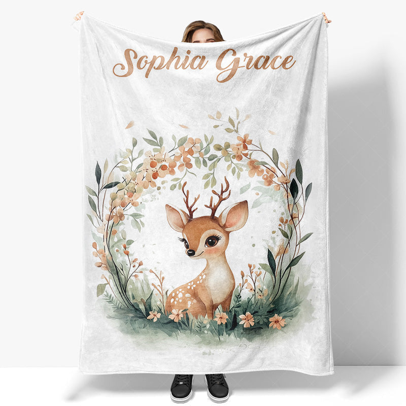 Lofaris Green Wreath Wild Baby Deer Custom Name Blanket