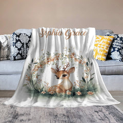 Lofaris Green Wreath Wild Baby Deer Custom Name Blanket