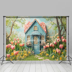 Lofaris Greenery Floral Blue Garden Cabin Spring Backdrop