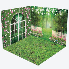 Lofaris Greenery Pink Floral Fence Forest Room Set Backdrop