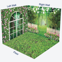 Lofaris Greenery Pink Floral Fence Forest Room Set Backdrop