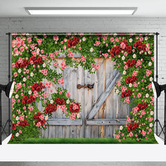 Lofaris Greenery Red Rose Wood Door Valentines Day Backdrop