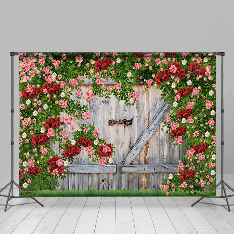 Lofaris Greenery Red Rose Wood Door Valentines Day Backdrop