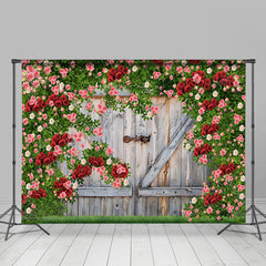 Lofaris Greenery Red Rose Wood Door Valentines Day Backdrop