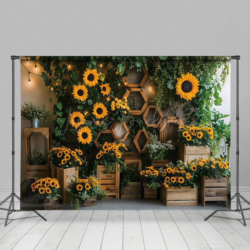 Lofaris Greenery Sunflower Rustic Wooden Spring Backdrop