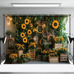 Lofaris Greenery Sunflower Rustic Wooden Spring Backdrop