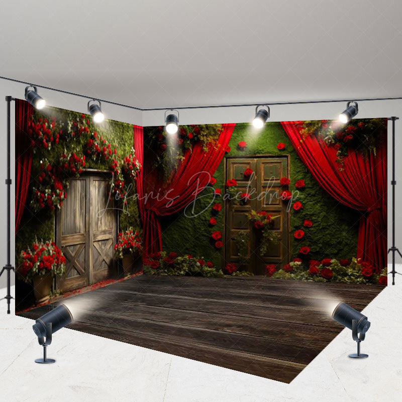 Lofaris Greenery Wall Red Curtain Rose Room Set Backdrop