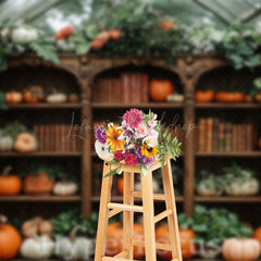 Lofaris Greenhouse Bookshelf Pumpkins Autumn Photo Backdrop