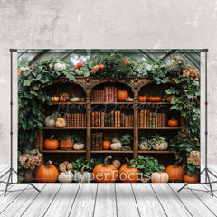 Lofaris Greenhouse Bookshelf Pumpkins Autumn Photo Backdrop