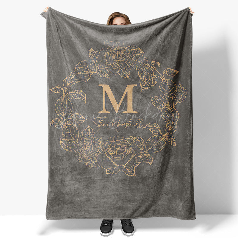 Lofaris Grey Gold Line Wreath Custom Initials Name Blanket