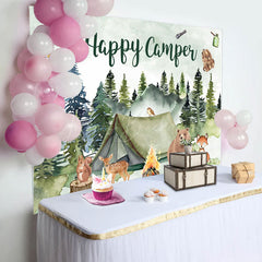 Lofaris Happy Camper Green Watercolor Bear Birthday Backdrop