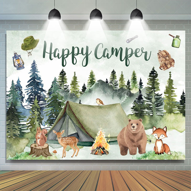 Lofaris Happy Camper Green Watercolor Bear Birthday Backdrop