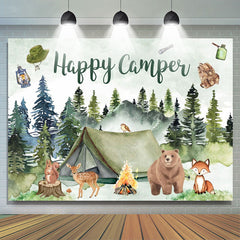 Lofaris Happy Camper Green Watercolor Bear Birthday Backdrop