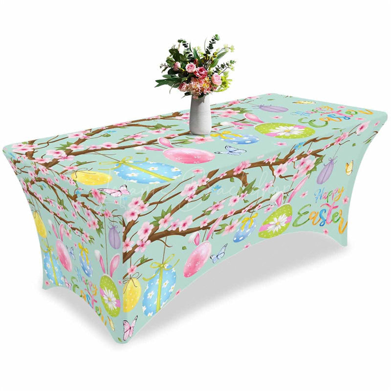 Lofaris Happy Easter Colorful Eggs On Teal Stretch Table Cover