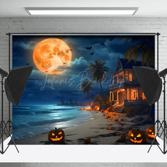 Lofaris Haunted Beach Full Moon Pumpkin Halloween Backdrop