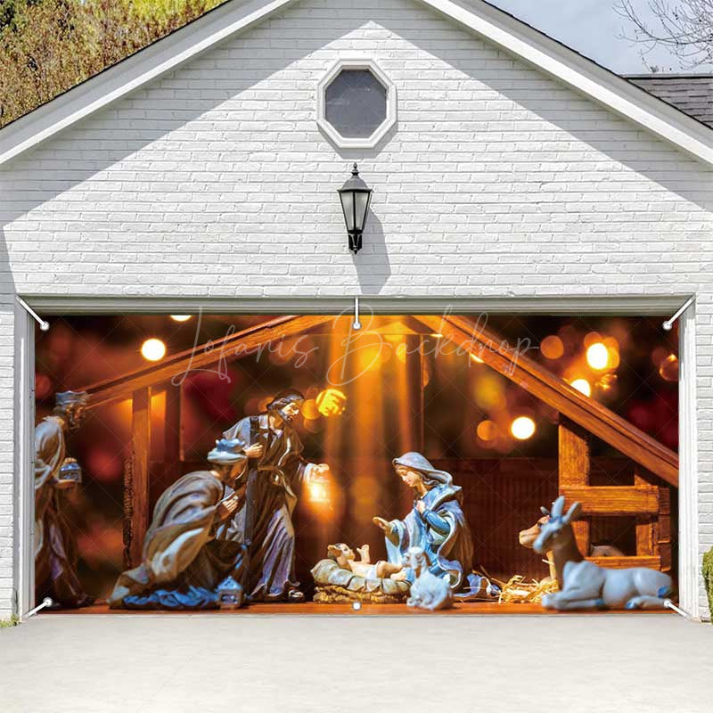 Lofaris Holy Light Bokeh Jesus Birth Barn Garage Door Banner