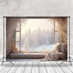 Lofaris Holy White Snwoy Forest Window Christmas Backdrop