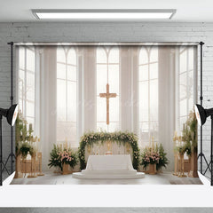 Lofaris Holy White Window Cross Floral Wedding Photo Backdrop