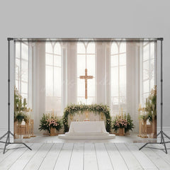 Lofaris Holy White Window Cross Floral Wedding Photo Backdrop