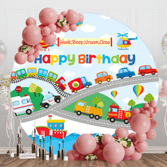 Lofaris Honk Beep Vroom Choo Round Happy Birthday Backdrop