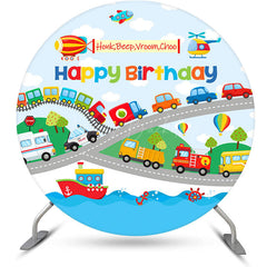 Lofaris Honk Beep Vroom Choo Round Happy Birthday Backdrop