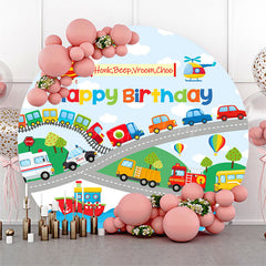 Lofaris Honk Beep Vroom Choo Round Happy Birthday Backdrop