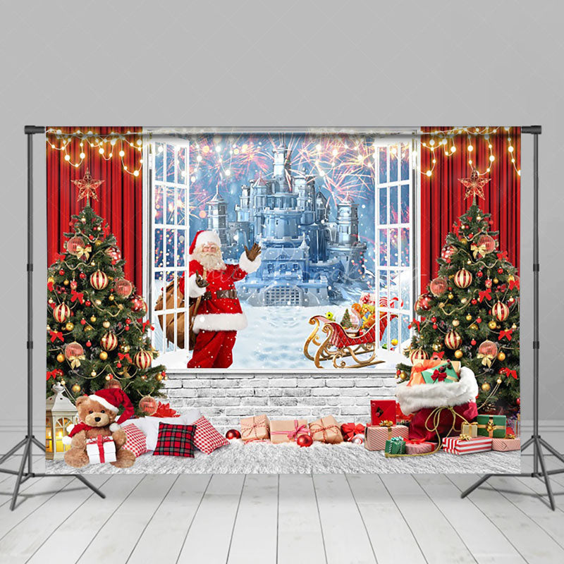 Lofaris Ice Castle Santa Window Curtain Christmas Backdrop