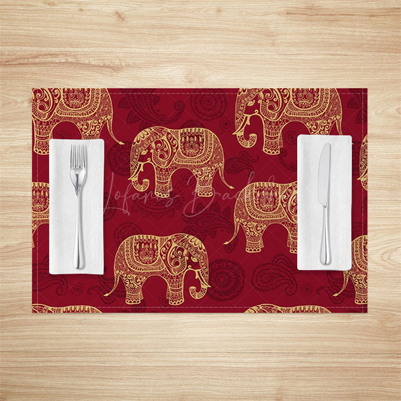 Lofaris Indian Red Gold Elephant Pattern Set Of 4 Placemats