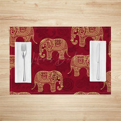 Lofaris Indian Red Gold Elephant Pattern Set Of 4 Placemats