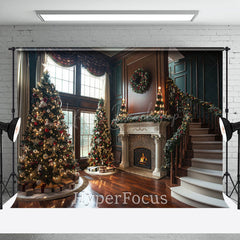 Lofaris Indoor Stairs Retro Green Brown Christmas Backdrop