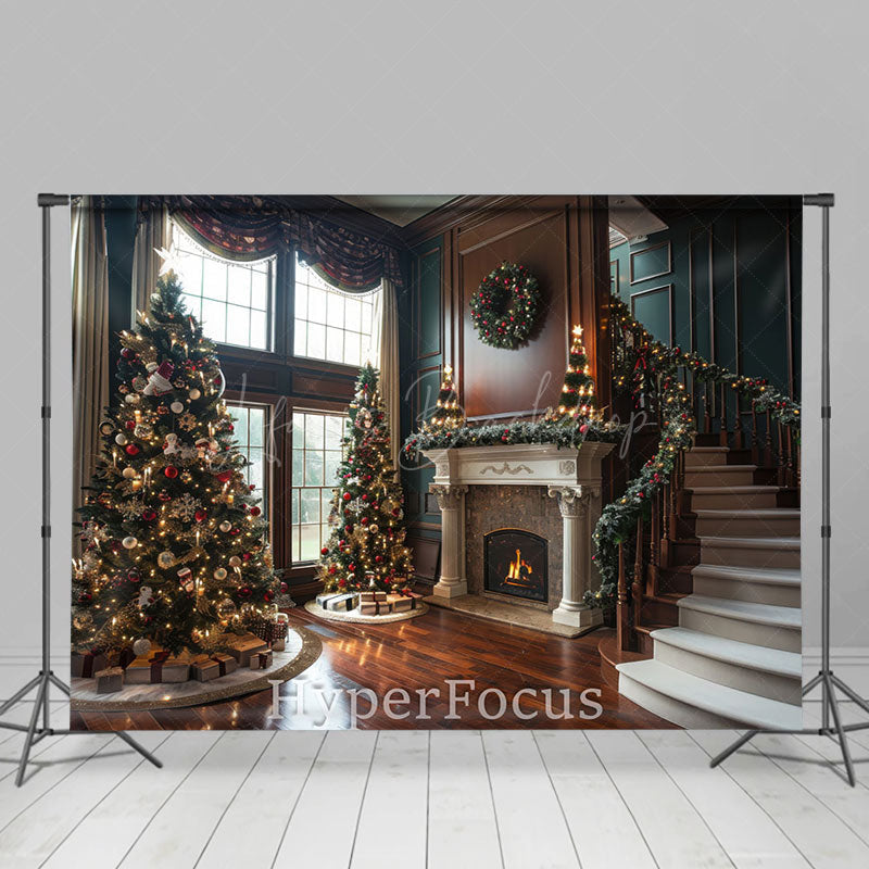 Lofaris Indoor Stairs Retro Green Brown Christmas Backdrop