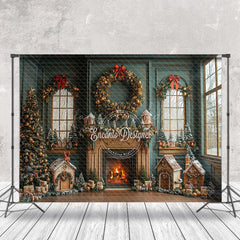 Lofaris Indoor Teal Room Fireplace Trees Christmas Backdrop