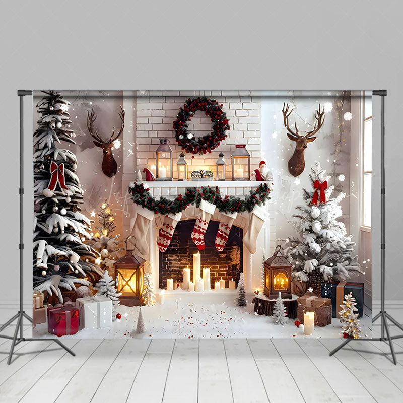 Lofaris Indoor White Fireplace Deer Head Christmas Backdrop