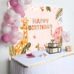 Lofaris Jungle Leaf Animals Floral Happy Birthday Backdrop