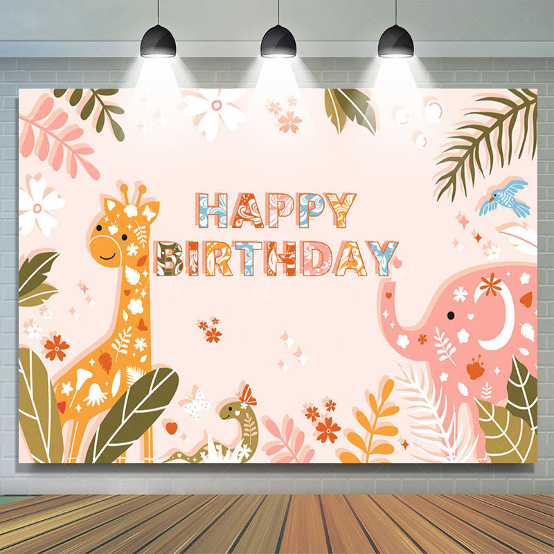 Lofaris Jungle Leaf Animals Floral Happy Birthday Backdrop