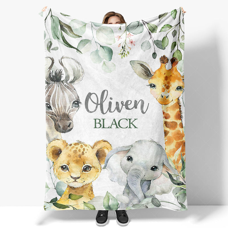 Lofaris Jungle Safari Wild Baby Animals Custom Name Blanket