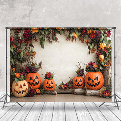 Lofaris Leaves Floral Potted Pumpkins Halloween Backdrop