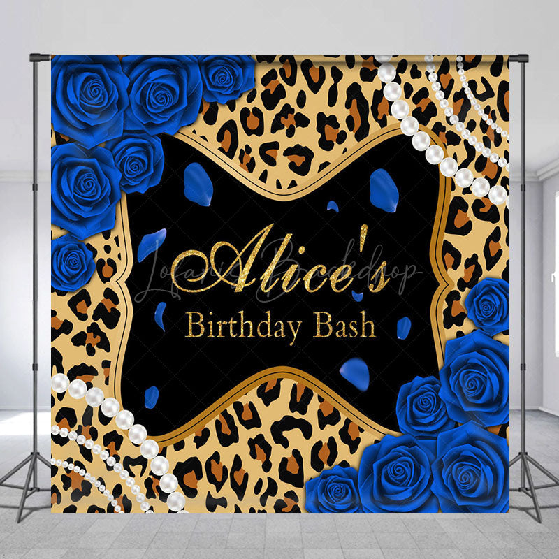 Lofaris Leopard Blue Rose Custom Name Birthday Bash Backdrop