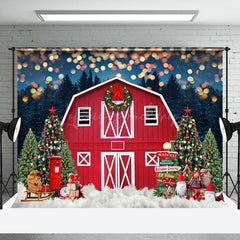 Lofaris Light Bokeh Red Barn Night Forest Christmas Backdrop