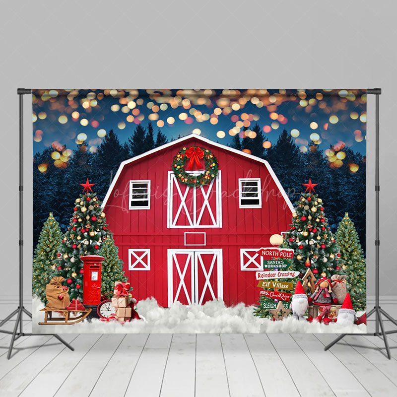 Lofaris Light Bokeh Red Barn Night Forest Christmas Backdrop