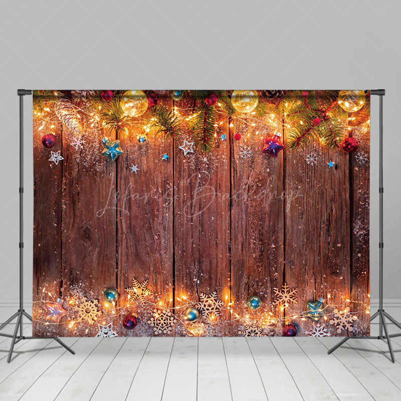 Lofaris Light Pine Leaves Brown Wooden Christmas Backdrop