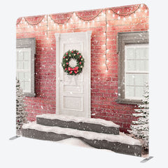 Lofaris Light Snowy Door Scene Brick Wall Christmas Backdrop