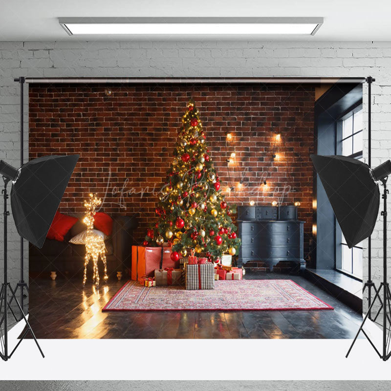 Lofaris Light String Deer Brick Wall Christmas Backdrop