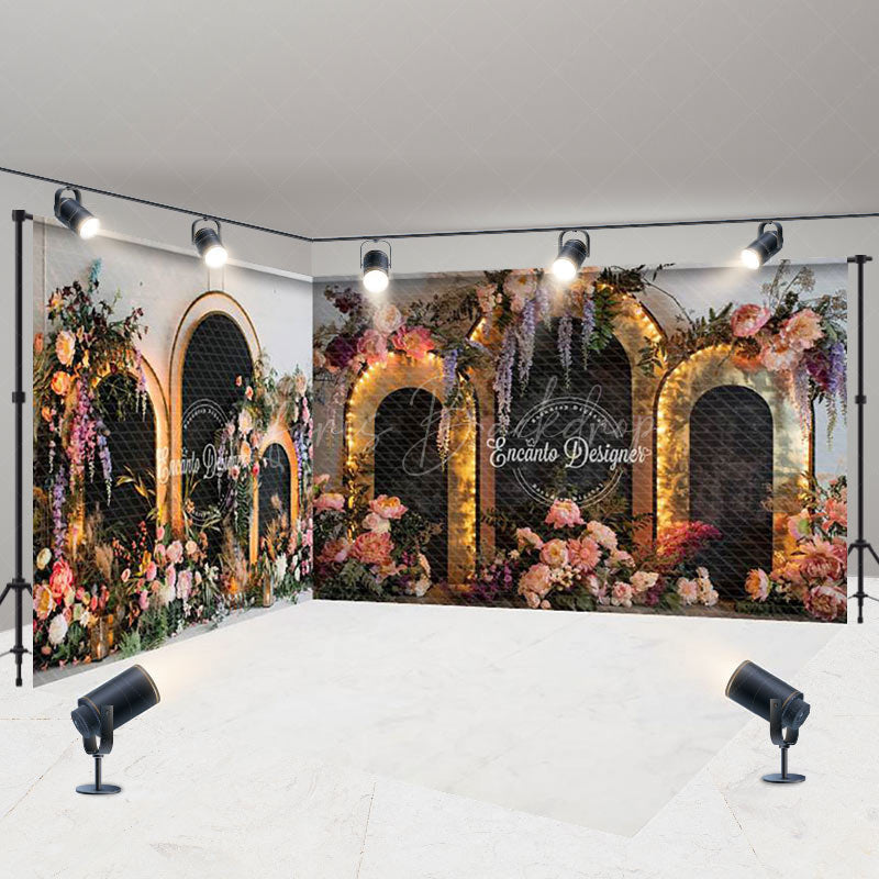 Lofaris Lighted Black Arch Floral Wedding Room Set Backdrop